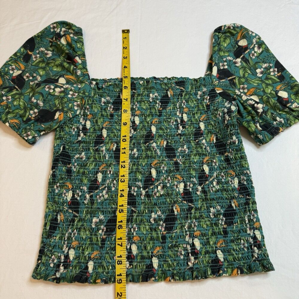 Dolan Left Coast Green Smocked Top Sm Puff Sleeve Tropical Toucan Anthropologie - Picture 8 of 11